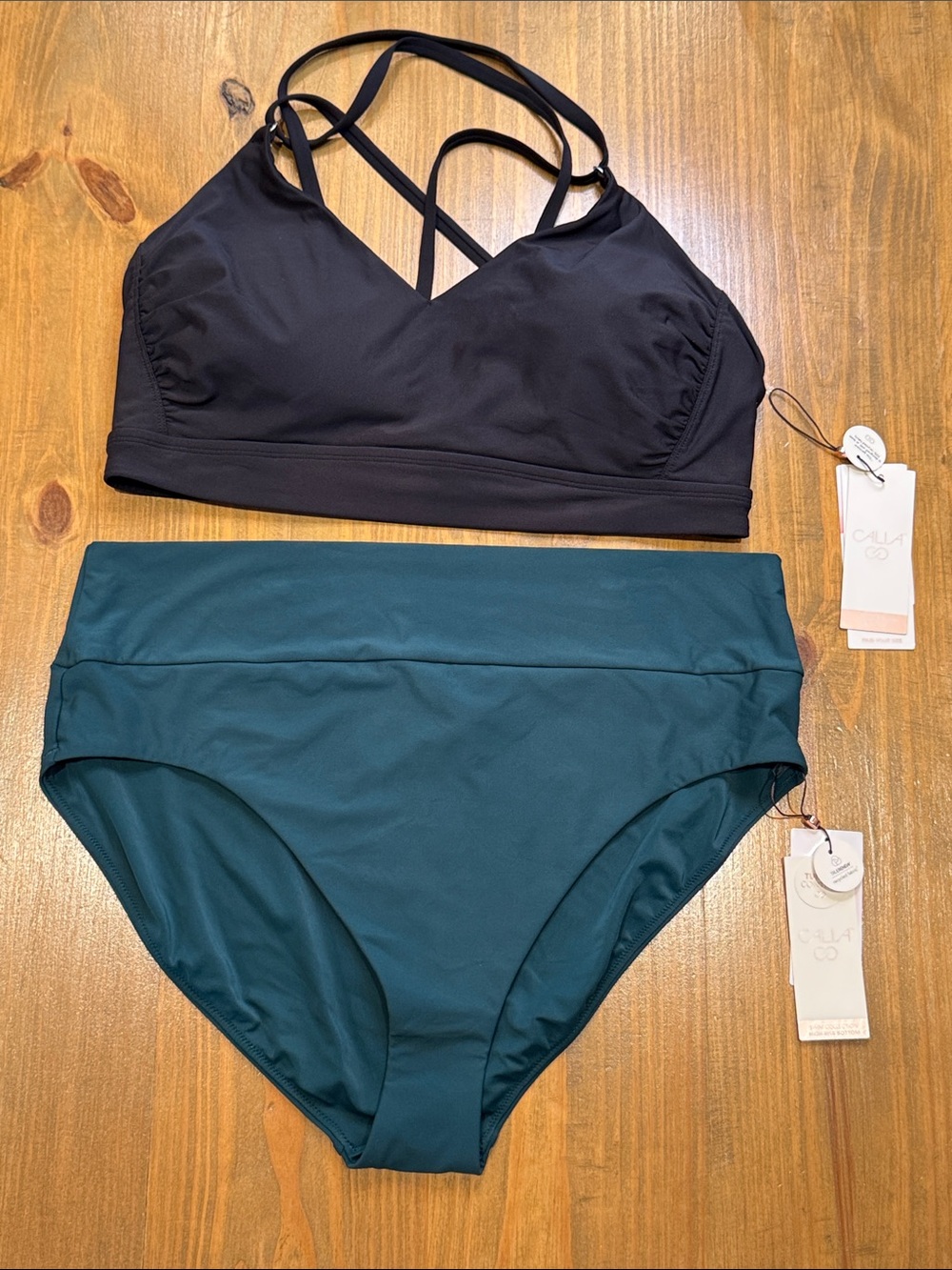 CALIA Strappy Ruched bikini top in black & Banded High Rise bottoms in Sea Green